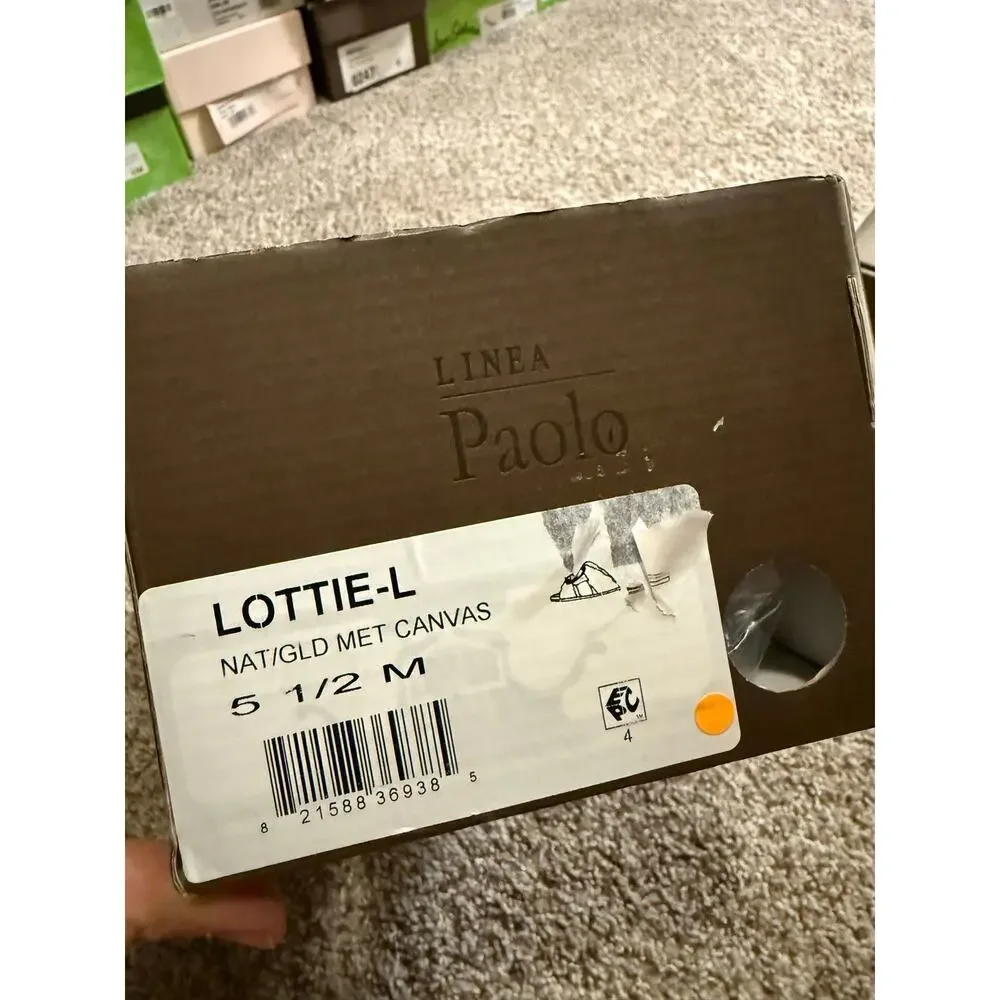 NIB Linea Paolo LOTTIE Frayed Fabric Cross Band Sandals Natural Gold Tan 5.5